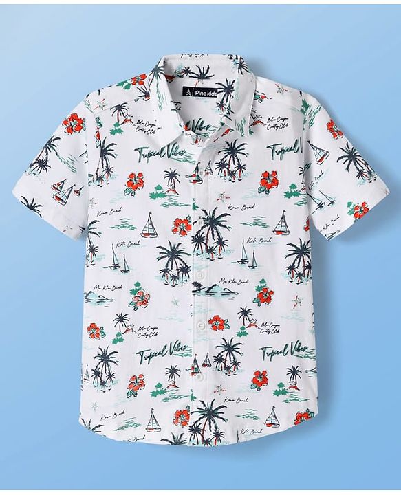 Pine Kids Cotton Knit Half Sleeves Shirt with Beach Theme Print - White