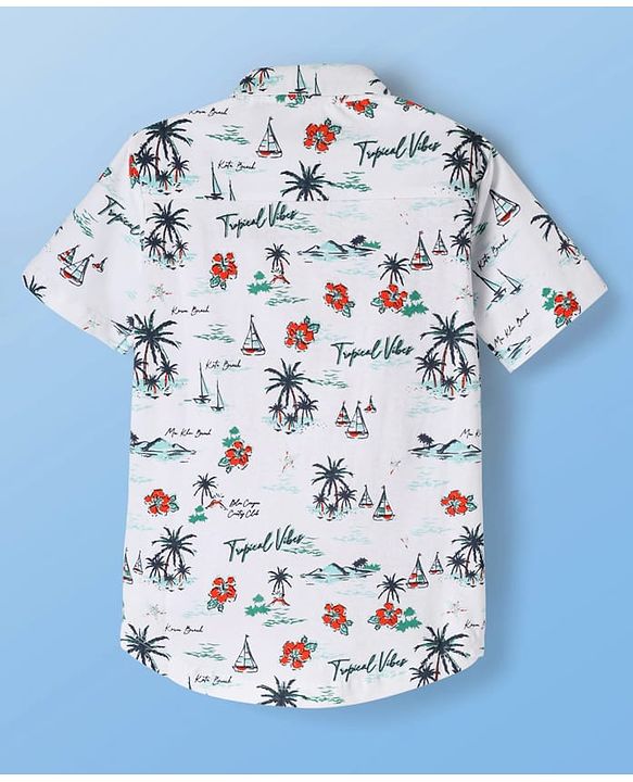 Pine Kids Cotton Knit Half Sleeves Shirt with Beach Theme Print - White