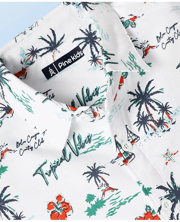 Pine Kids Cotton Knit Half Sleeves Shirt with Beach Theme Print - White