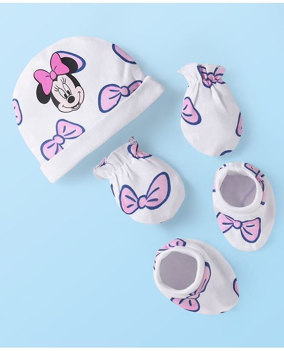 Babyhug Disney Interlock Knit Minnie Mouse Printed Cap Mittens & Booties Set -White