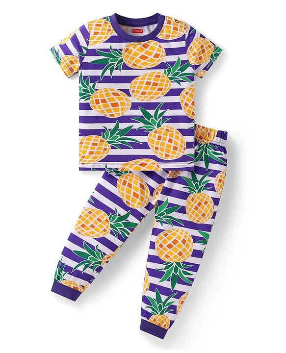Babyhug Cotton Knit Half Sleeves Striped Night Suit with Pineapple Print - Yellow