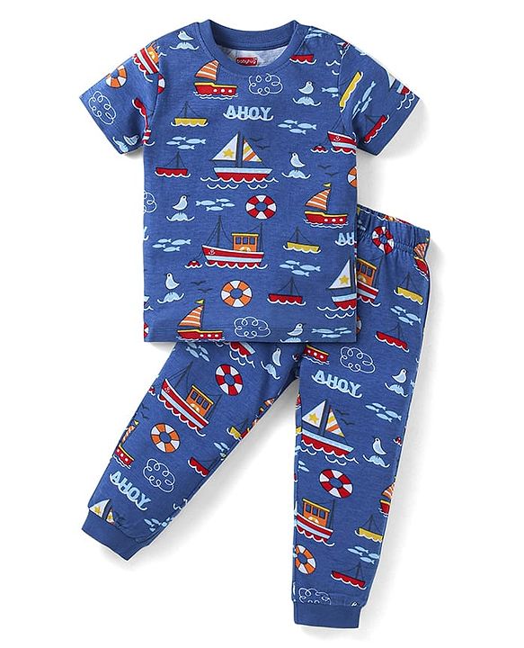 Babyhug Cotton Knit Half Sleeves Night Suit with Nautical Theme Print - Navy Blue
