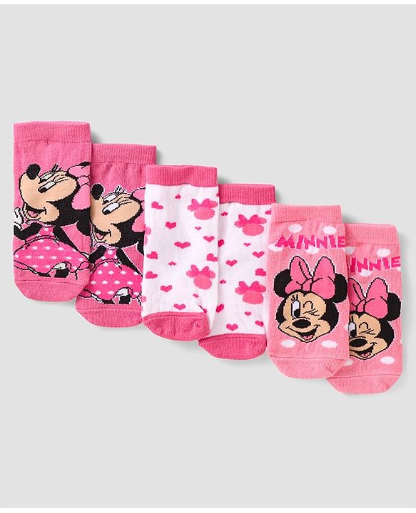 Cute Walk By Babyhug Disney Ankle Length Anti-Bacterial Socks  With Minnie Mouse Graphics Pack Of 3 - Pink & White