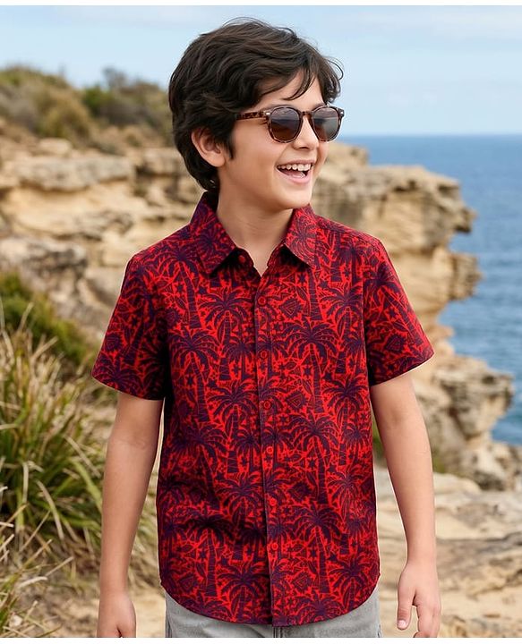 Pine Kids Cotton Knit Half Sleeves Shirt With Tree Print - Red