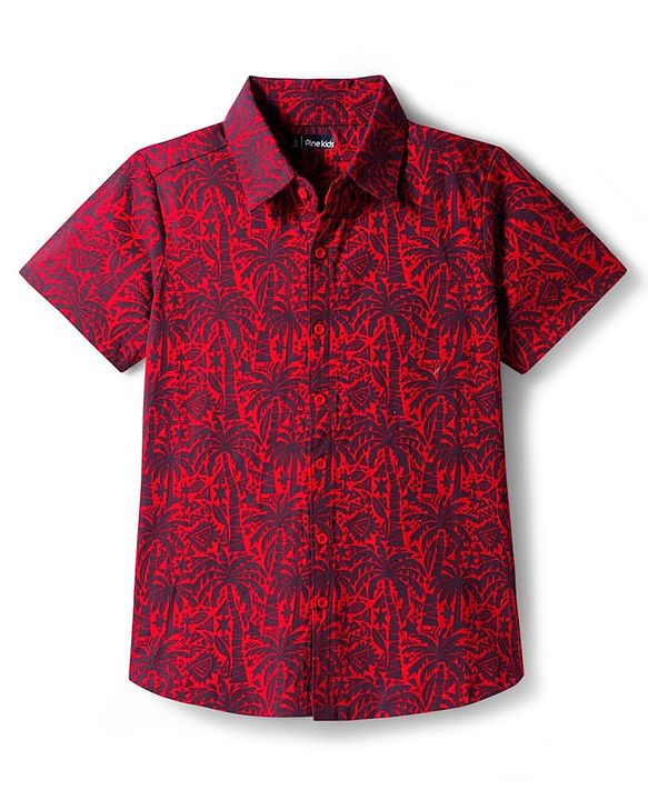 Pine Kids Cotton Knit Half Sleeves Shirt With Tree Print - Red
