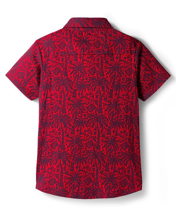 Pine Kids Cotton Knit Half Sleeves Shirt With Tree Print - Red