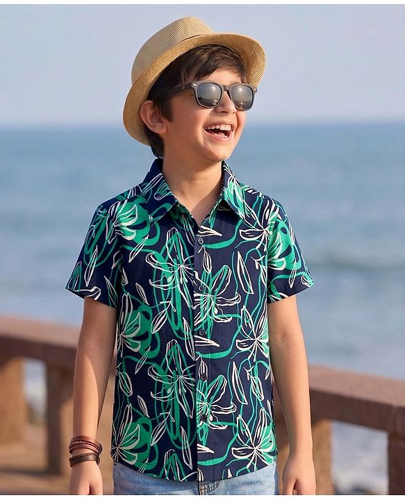 Pine Kids Cotton Knit Half Sleeves Shirt With Floral Print - Navy Blue