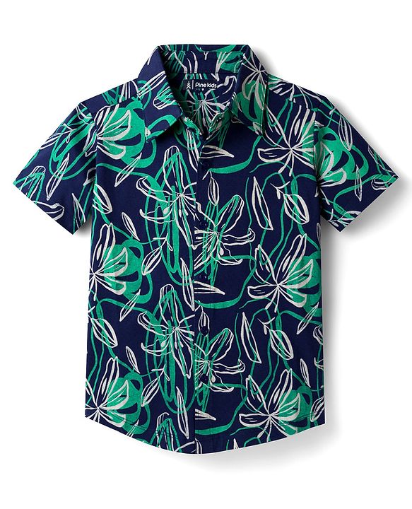 Pine Kids Cotton Knit Half Sleeves Shirt With Floral Print - Navy Blue