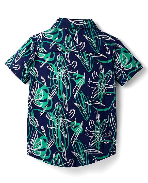 Pine Kids Cotton Knit Half Sleeves Shirt With Floral Print - Navy Blue