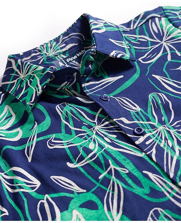 Pine Kids Cotton Knit Half Sleeves Shirt With Floral Print - Navy Blue