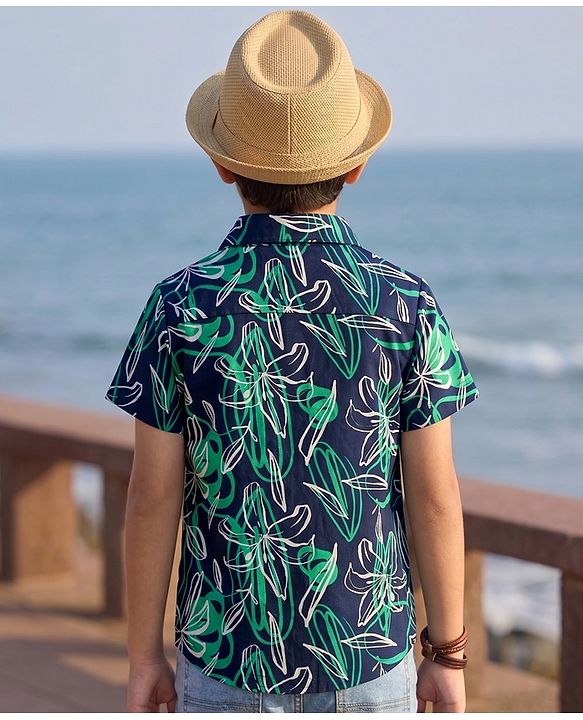 Pine Kids Cotton Knit Half Sleeves Shirt With Floral Print - Navy Blue