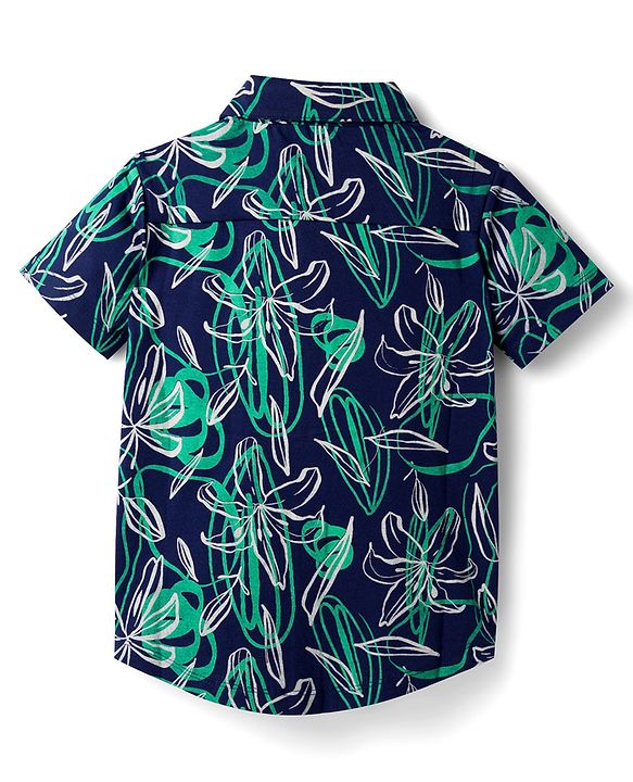 Pine Kids Cotton Knit Half Sleeves Shirt With Floral Print - Navy Blue