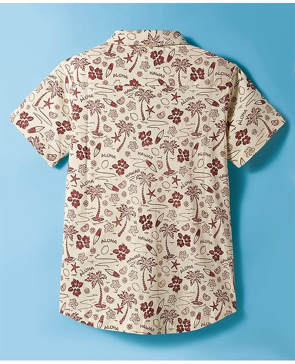 Pine Kids Cotton Knit Half Sleeves Shirt With Tree Print - Beige