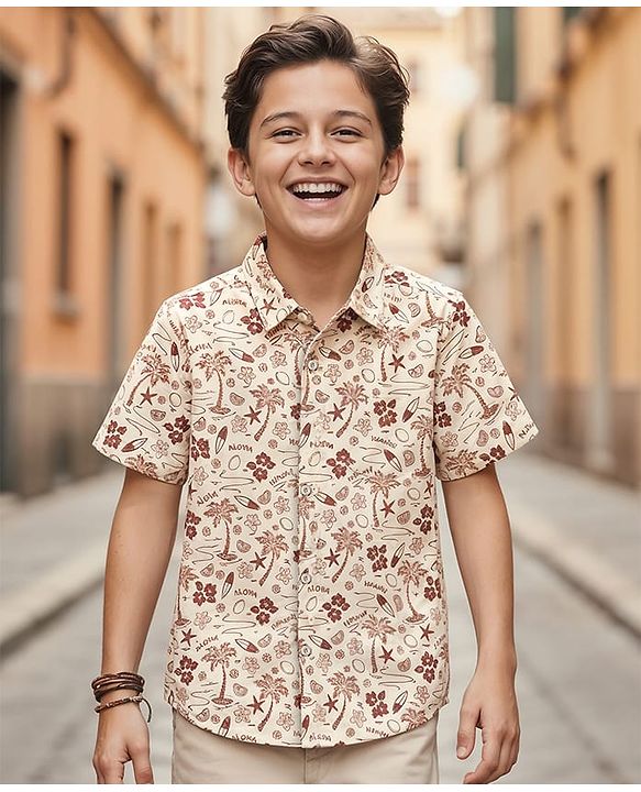 Pine Kids Cotton Knit Half Sleeves Shirt With Tree Print - Beige