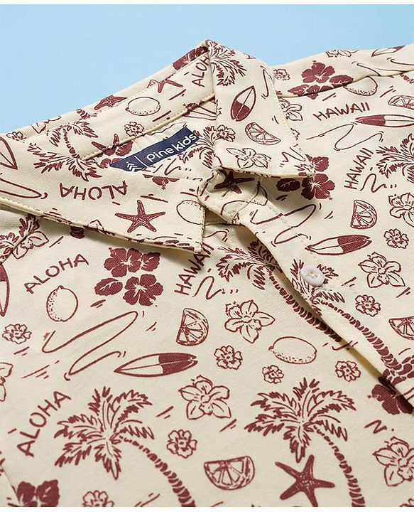Pine Kids Cotton Knit Half Sleeves Shirt With Tree Print - Beige