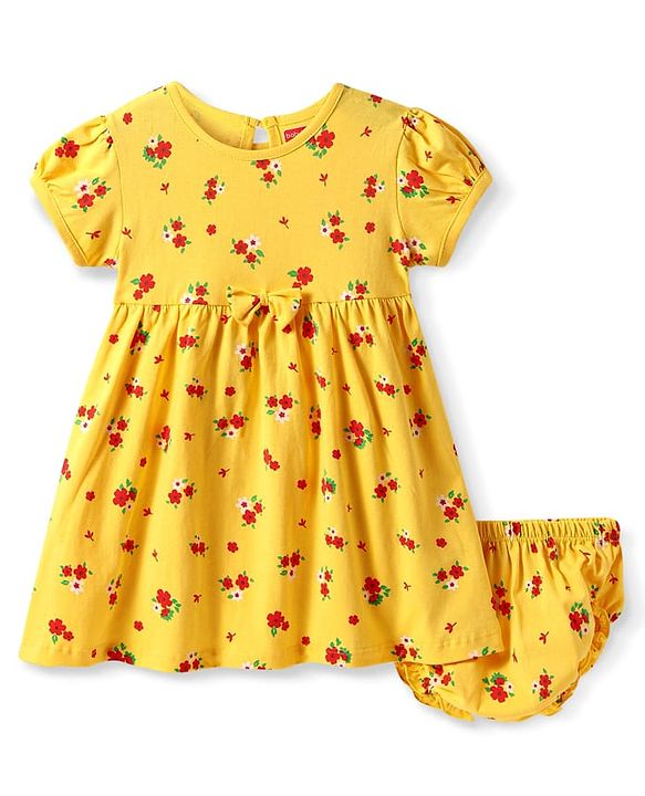 Babyhug Single Jersey Knit Half Sleeves Frock With Floral Print & Bloomer - Yellow