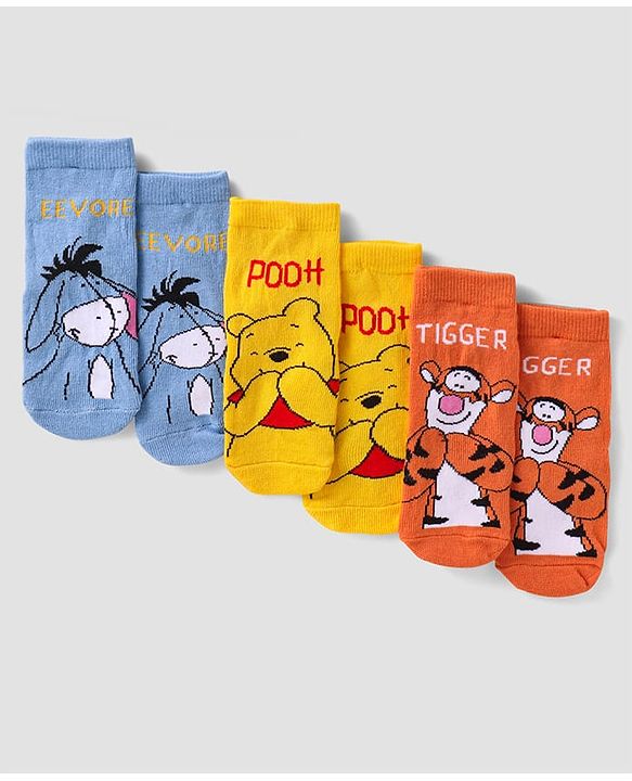 Cute Walk By Babyhug Disney Ankle Length Anti-Bacterial Socks With Winnie The Pooh Tigger Eeyore Graphics Pack Of 3 - Yellow Orange & Blue