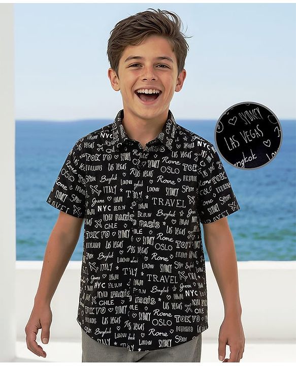 Pine Kids Cotton Knit Half Sleeves Shirt With Text Print - Black