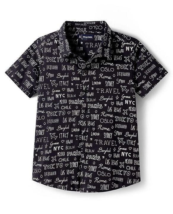 Pine Kids Cotton Knit Half Sleeves Shirt With Text Print - Black