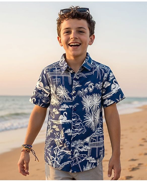 Pine Kids Cotton Knit Half Sleeves Shirt With Bird Print - Navy Blue