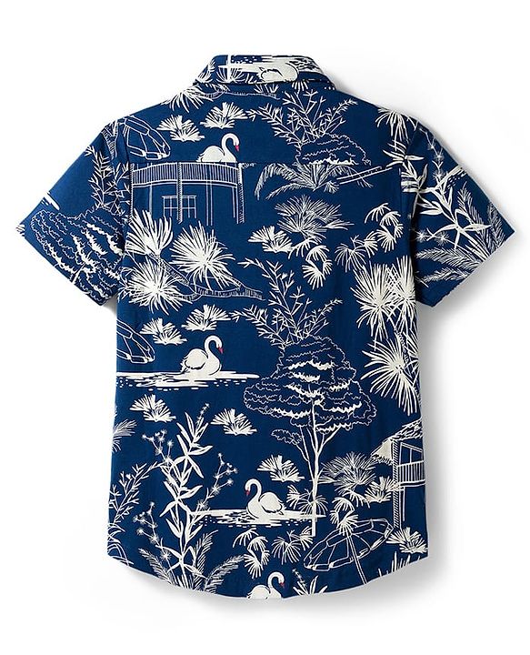 Pine Kids Cotton Knit Half Sleeves Shirt With Bird Print - Navy Blue