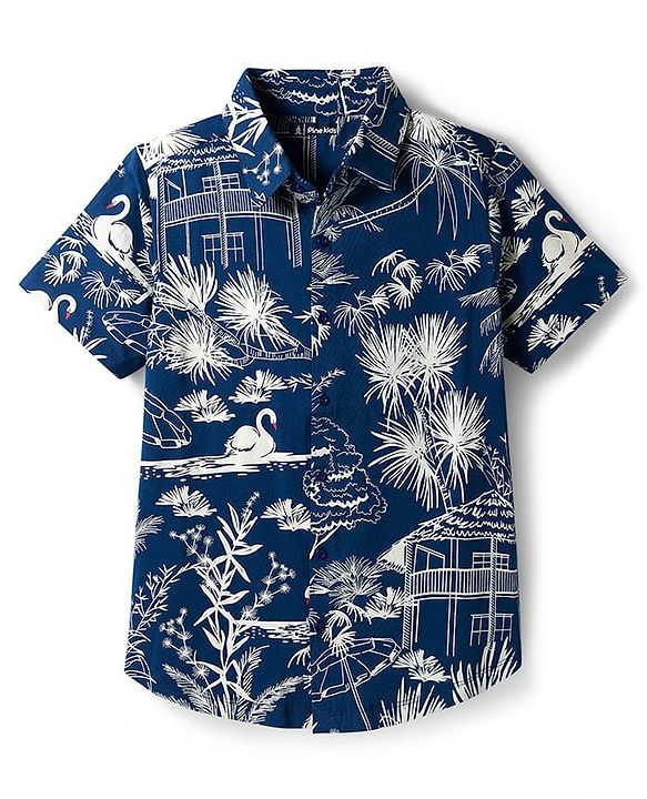Pine Kids Cotton Knit Half Sleeves Shirt With Bird Print - Navy Blue