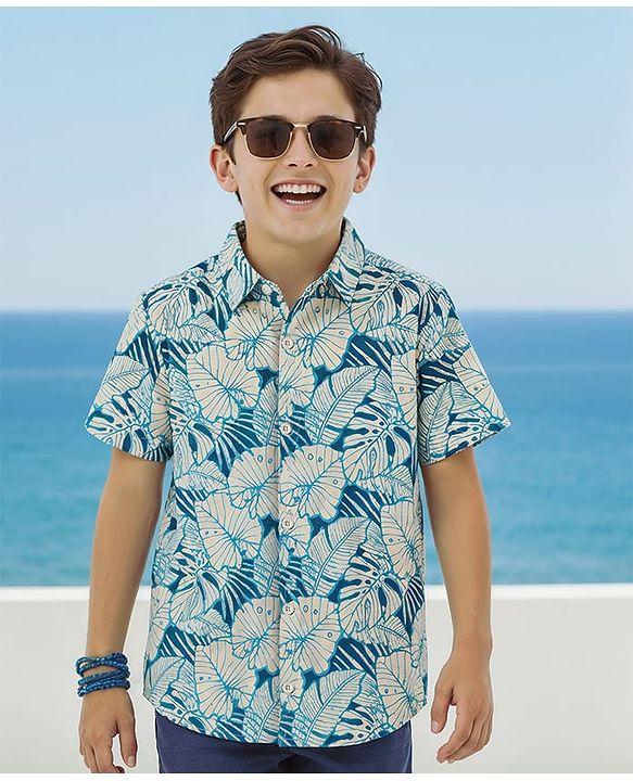 Pine Kids Cotton Knit Half Sleeves Shirt With Leaves Print - Teal Blue