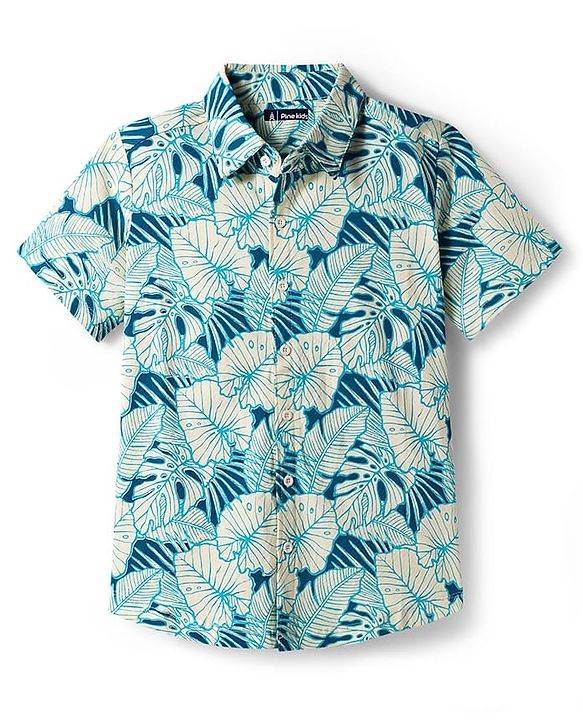 Pine Kids Cotton Knit Half Sleeves Shirt With Leaves Print - Teal Blue