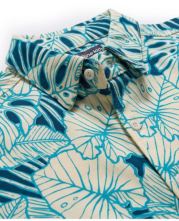 Pine Kids Cotton Knit Half Sleeves Shirt With Leaves Print - Teal Blue