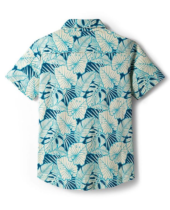 Pine Kids Cotton Knit Half Sleeves Shirt With Leaves Print - Teal Blue