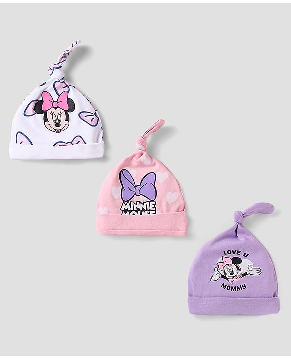 Babyhug Disney Interlock Knit Knot Cap With Minnie Mouse Graphics Pack Of 3 - White Pink & Purple