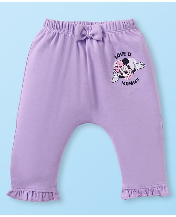 Babyhug Disney Interlock Knit Full Length Diaper Leggings With Minnie Mouse Graphics & Bow Detailing Pack Of 3 - Purple Pink & White