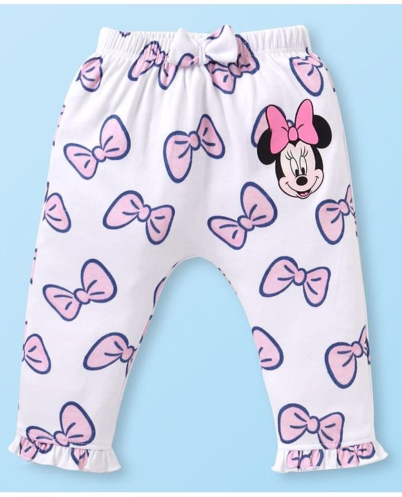 Babyhug Disney Interlock Knit Full Length Diaper Leggings With Minnie Mouse Graphics & Bow Detailing Pack Of 3 - Purple Pink & White