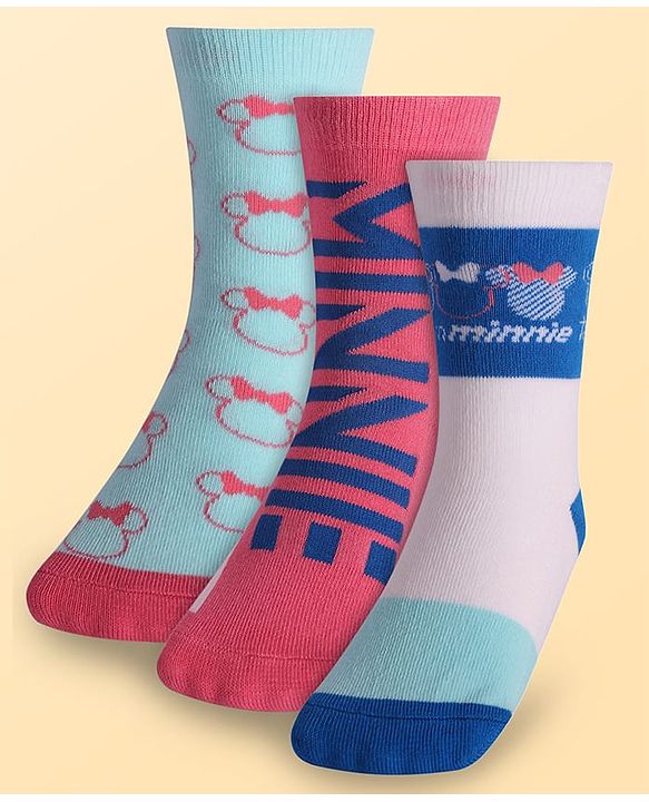 Pine Kids Disney Ankle Length Anti-Bacterial Socks With Minnie Mouse Graphics Pack Of 3 - Pink White & Light Blue