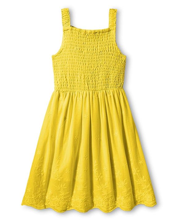 Pine Kids Cotton Woven Sleeveless Frock with Floral Embroidery & Smocked Detailing - Yellow