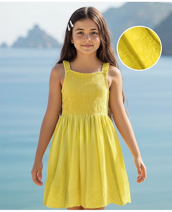 Pine Kids Cotton Woven Sleeveless Frock with Floral Embroidery & Smocked Detailing - Yellow