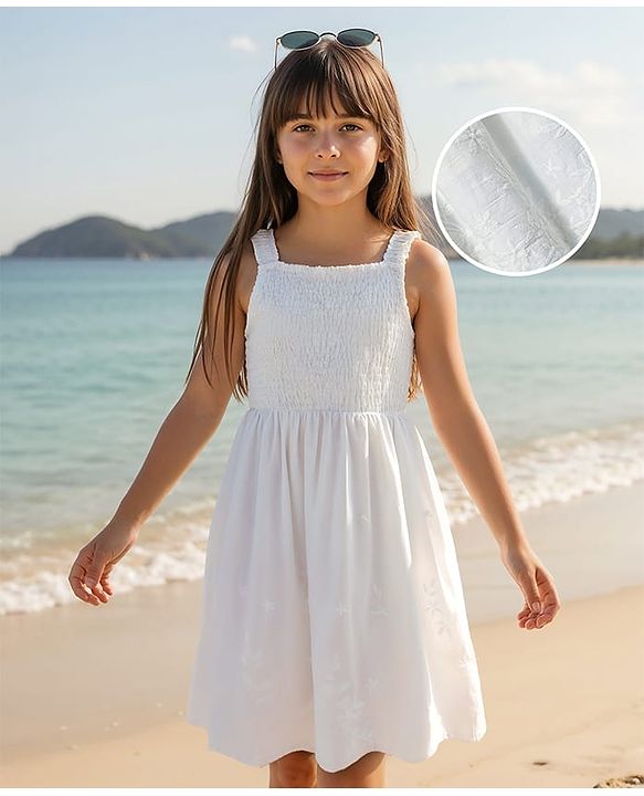 Pine Kids Cotton Woven Sleeveless Frock with Floral Embroidery & Smocked Detailing - White