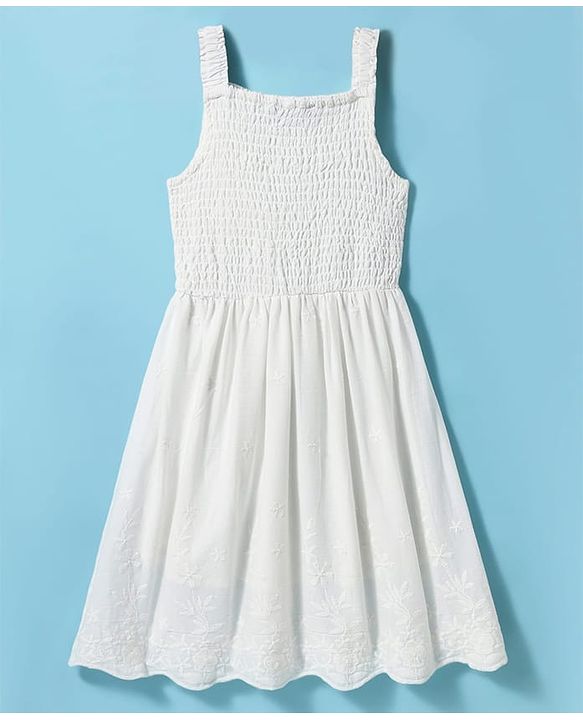 Pine Kids Cotton Woven Sleeveless Frock with Floral Embroidery & Smocked Detailing - White