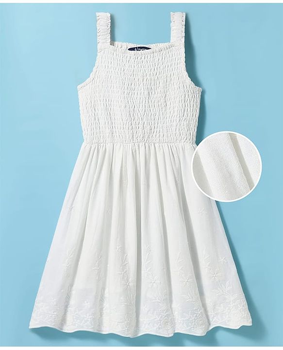 Pine Kids Cotton Woven Sleeveless Frock with Floral Embroidery & Smocked Detailing - White
