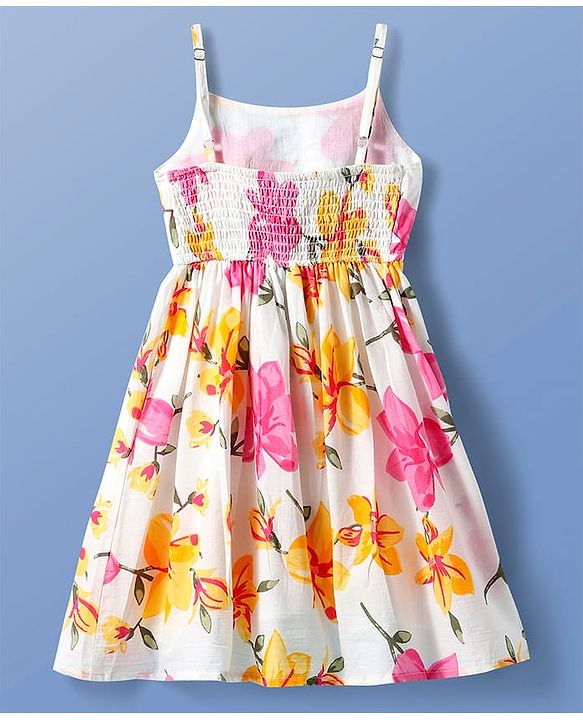 Pine Kids Cotton Woven Sleeveless Frock with Floral Print - White