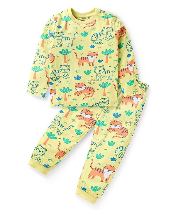 Babyhug Cotton Knit Full Sleeves Co-ords Night Suit with Jungle Theme Print - Yellow