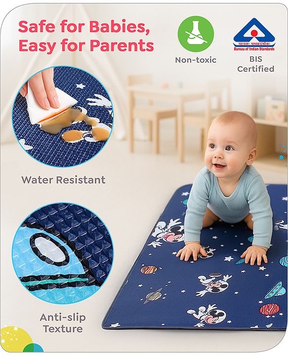 Babyhug Disney Premium Reversible Foldable Waterproof Floor mat- 6ftx4ft|Thickness 8mm|Space Theme|Colorful|Learn and Play Mat|Soft Foam|Baby Massage| Carry Bag|BIS Certified