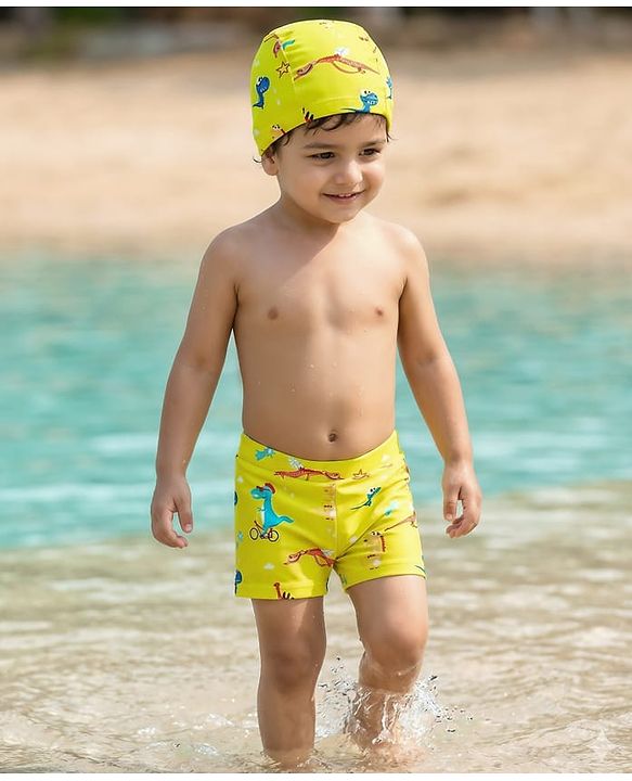 Babyhug Swimming Trunk With Dino Print & Swimming Cap - Yellow