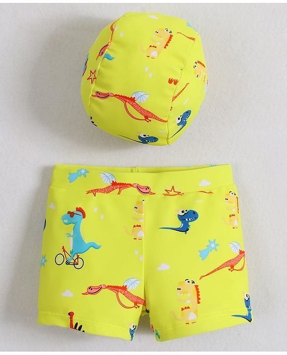Babyhug Swimming Trunk With Dino Print & Swimming Cap - Yellow