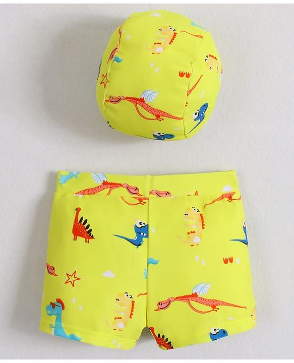Babyhug Swimming Trunk With Dino Print & Swimming Cap - Yellow