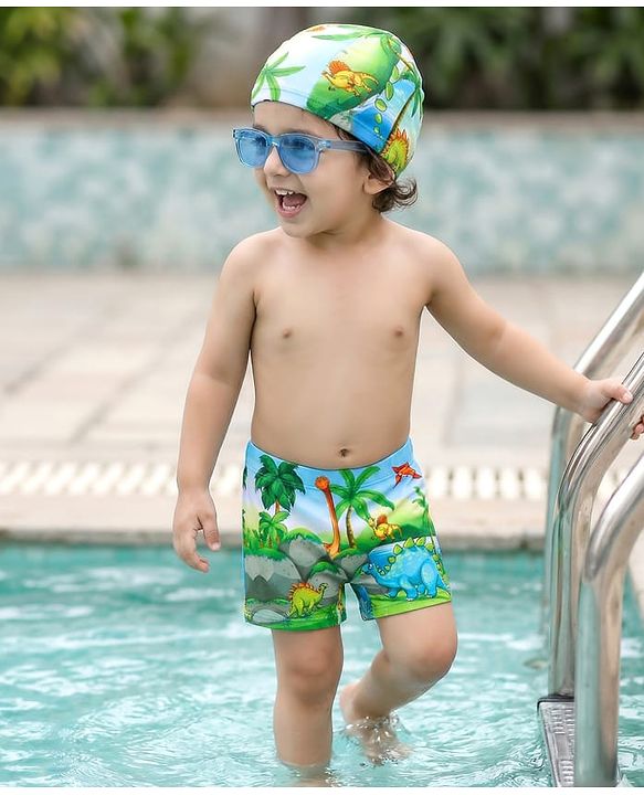 Babyhug Swimming Trunks & Cap with Dino Print - Green