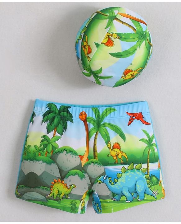 Babyhug Swimming Trunks & Cap with Dino Print - Green