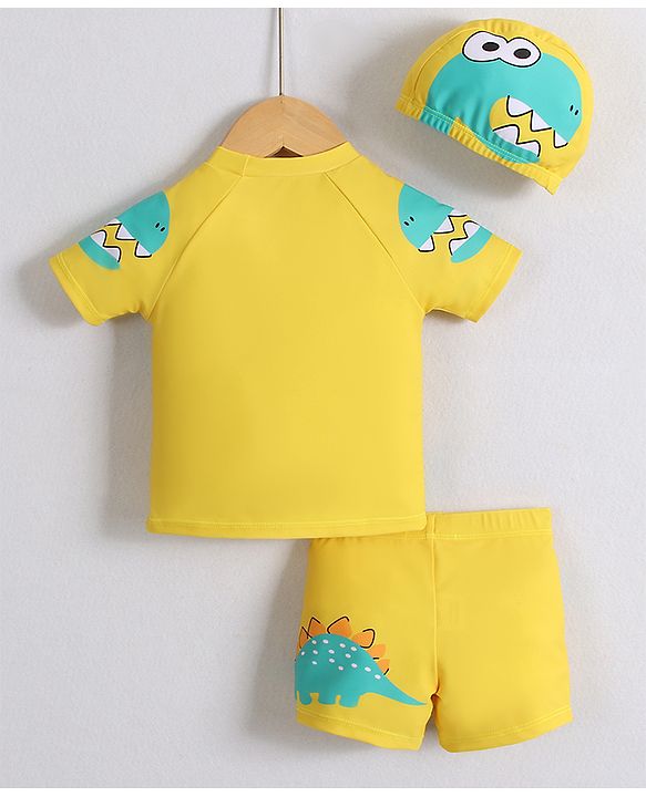 Babyhug Half Raglan Sleeves Two Piece Swimsuit With Dino Print & Swimming Cap - Yellow