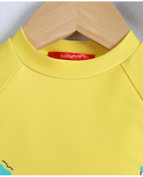 Babyhug Half Raglan Sleeves Two Piece Swimsuit With Dino Print & Swimming Cap - Yellow