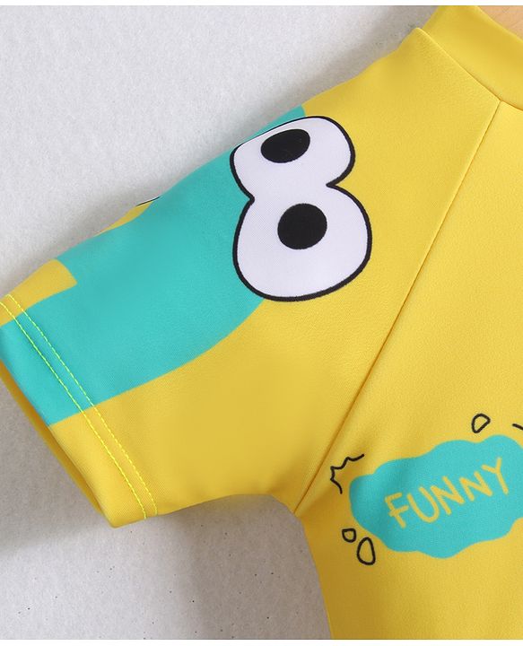 Babyhug Half Raglan Sleeves Two Piece Swimsuit With Dino Print & Swimming Cap - Yellow
